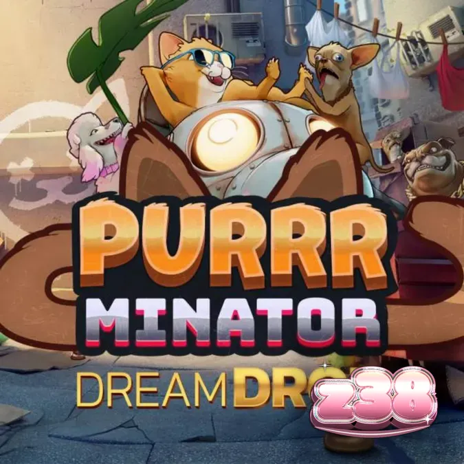 Tela principal do slot Purrrminator Dream Drop com o gato cibernético em um beco neon.